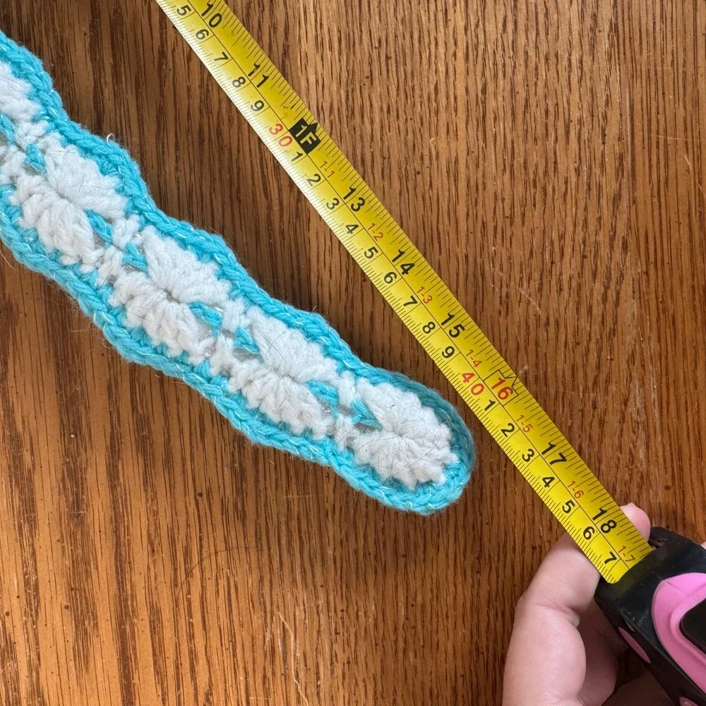 Vintage Handmade Crochet Padded Clothes Hanger Blue White Knit Pom Pom 16.5 Inch